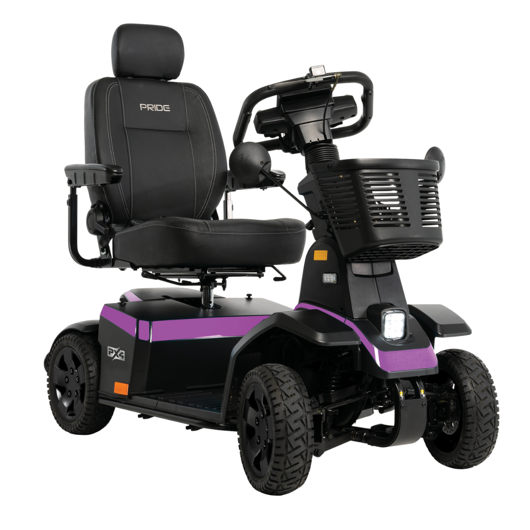 The Pride Mobility PX4 HD Bariatric Scooter in black and purple features a padded seat, armrests, headrest, front basket, and large sturdy wheels for comfortable and accessible personal transportation with high weight capacity.